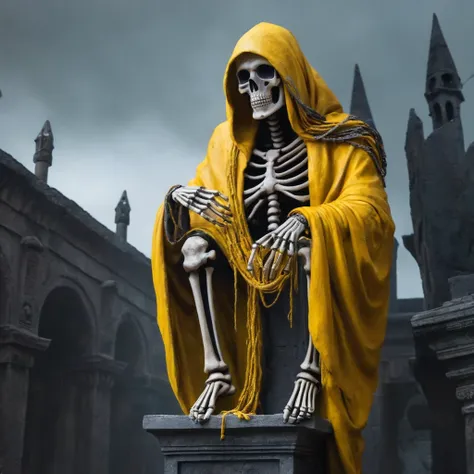 Dark Fantasy Art of <lora:carcosa city:1.5>
In an ancient and mysterious city a sculpture of a skeleton with a bunch of yellow clothes hanging from it carcosa city style, dark, moody, dark fantasy style
