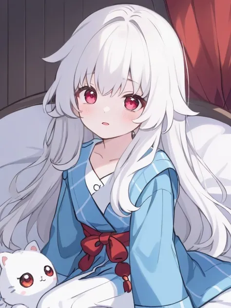 <lora:xl_kelala girl-000011:1>,kelala girl,white hair,Red eyes,Flowtress(hairstyle),pajamas,