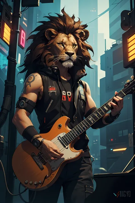 ((best quality)),((masterpiece)),cyberpunk,a lion playing guitar in a vocal concert,dramatic atmosphere, <lora:GoodHands-beta2:1>