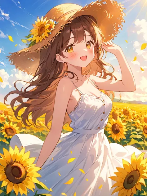 <lora:shenmingshaonv_xl:1>,(shen ming shao nv),solo, flower, outdoors, hat, long hair, sunflower, smile, day, looking at viewer, sky, open mouth, :d, breasts, sleeveless, bare shoulders, cloud, skirt, yellow eyes, bare arms, collarbone, white skirt, petals...