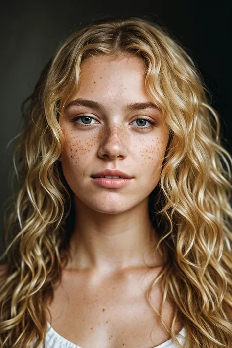 a portrait photo of a beautiful woman with curls and lots of freckles,(dirty blonde hair),(face portrait:1.3),dramatic light,Rembrandt lighting scheme,(hyperrealism:1.2),(photorealistic:1.2),shot with Canon EOS 5D Mark IV,detailed face,detailed hair,<lora:...
