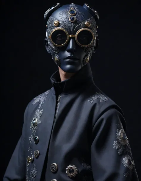 a fashion photoshoot of a samuraj robot man wearing a weird futuristic mask, hyper maximalist, intricate small miniscule detailed details, eyes hidden behind weird mask googles that are glasses made of black diamond with glass decorated in ornate korean st...