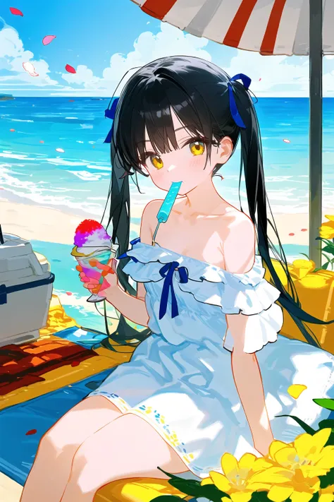 rating:safe, petals, flower, 1girl, white dress, shaved ice, solo, looking at viewer, sitting, drinking straw, bare shoulders, long hair, ocean, dress, collarbone, cup, water, black hair, mouth hold, horizon, twintails, day, outdoors, ribbon, ice cream, di...