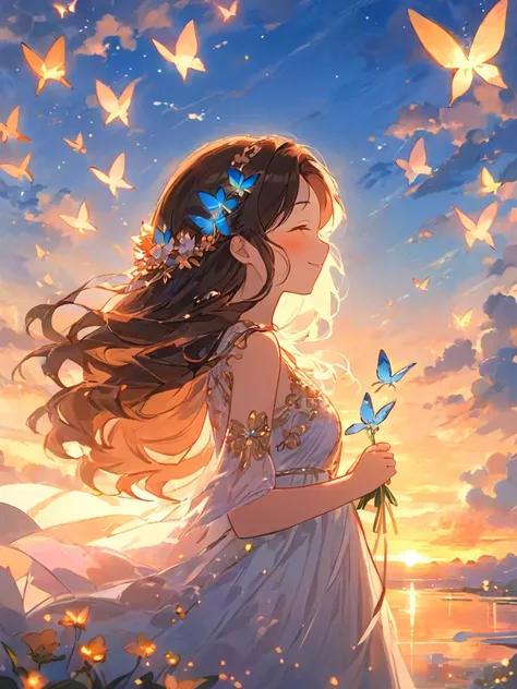 <lora:shenmingshaonv_xl:1>,(shen ming shao nv),glowing butterfly,1girl, solo, flower, long hair, closed eyes, sky, cloud, smile, white dress, closed mouth, outdoors, holding, butterfly hair ornament, blue butterfly, sunset, brown hair, blush, black hair, f...