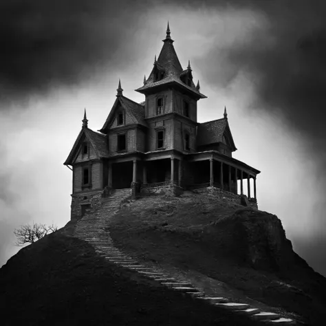 Dark Fantasy Art of  <lora:carcosa city:1.5>
In an ancient and mysterious city a black and white photo of a house on a hill carcosa city style, dark, moody, dark fantasy style