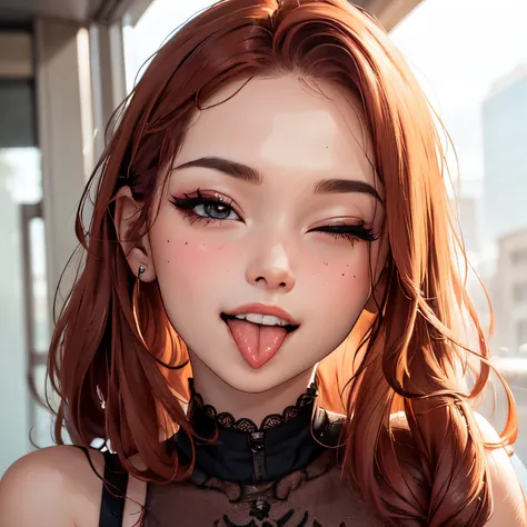 <lora:ddw_v1:0.75>, wink, one eye closed, playful smile, tongue out,, masterpiece, best quality, absurdres, highres, 4k, ray tracing, intricate details, highly detailed, (1girl:perfect face, cute, small breasts, long ginger hair, petite) Highqlb:perfect mo...