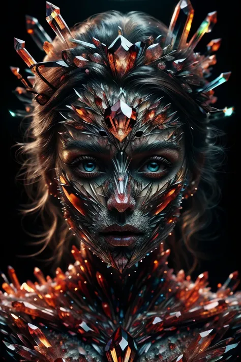 woman in a mythical forest, masterpiece, perfect face, intricate details, horror theme, crystalz <lora:Crystals:1>