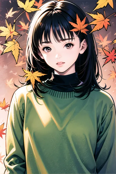 Yoshizuki iori, 1girl, solo, brown eyes, sweater, brown hair, looking at viewer, parted lips, leaf, autumn leaves, green sweater, long sleeves, upper body, bangs, autumn, sleeves past wrists, long hair, lips, medium hair, maple leaf,  <lora:Katsura Masakaz...