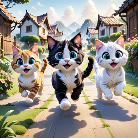 modisn disney style, several cute cats running towards the viewer, beautiful scenery