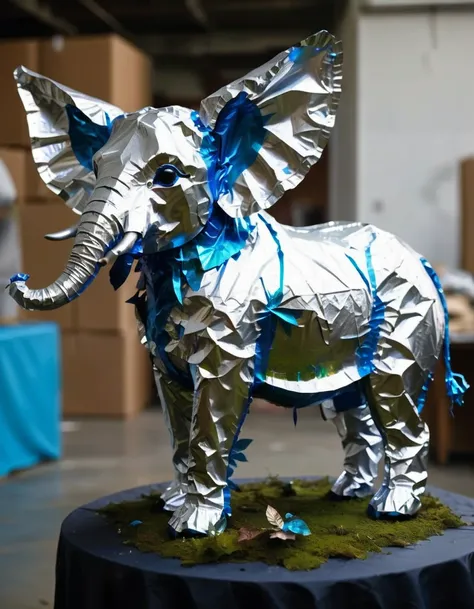 A tinfoil elephant, with a tinfoil trunk, tinfoil ears, and tinfoil feet, stands in the center of a tinfoil jungle. The jungle is made of tinfoil trees and tinfoil vines, with a few tinfoil flowers scattered around. The elephants eyes are made of bright bl...