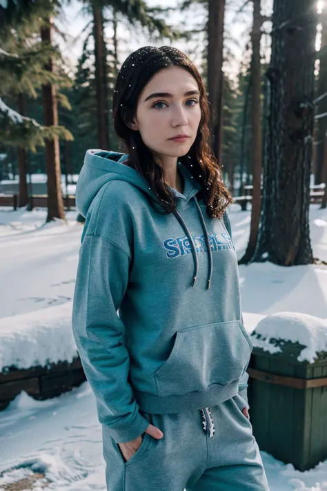 caricevh,a woman wearing hoodie and sweatpants, snowy landscape, (natural lighting:0.5) <lora:caricevh:0.9>