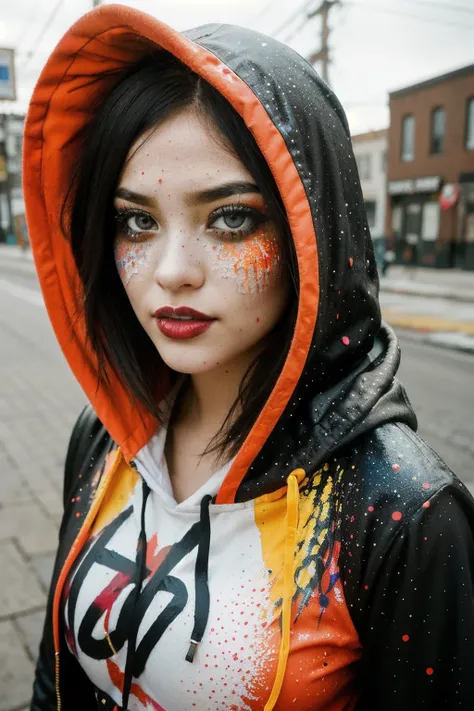 close up of woman, (hooded gaze:1.2), adorned with (vibrant, splattered paint:1.3) across face and clothing, intense eyes, red and orange, (graphic novel style:1.2), bold contrast, (urban warrior essence:1.1), digital brushstrokes, Leica SL2, 1/250s, f/2, ...