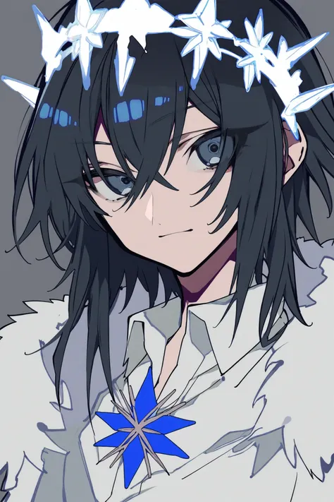 best quality, hoodxart, by mochizukikei, best quality, oberon (fate), 1boy, solo, male focus, crown, shirt, white shirt, looking at viewer, fur trim, bangs, black hair, official alternate costume, collared shirt, medium hair, closed mouth, simple backgroun...