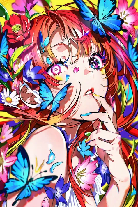 best quality, aesthetic, detailed, by yoneyama mai, colorful, 1girl, solo, upper body, looking at viewer, parted lips, multicolored eyes, pink eyes, one eye covered, flower over eye, eyelashes, long hair, pink hair, red hair, floating hair, multicolored ha...