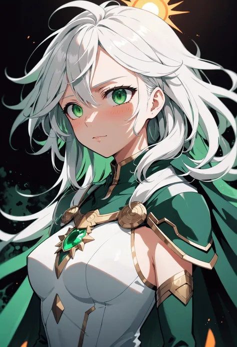 1girl, upper body, anime hero of the sun, in the style of dark white and emerald, handsome, portrait, aurorapunk, sharp brushwork, barbiecore, flat color, cel shading, screen print