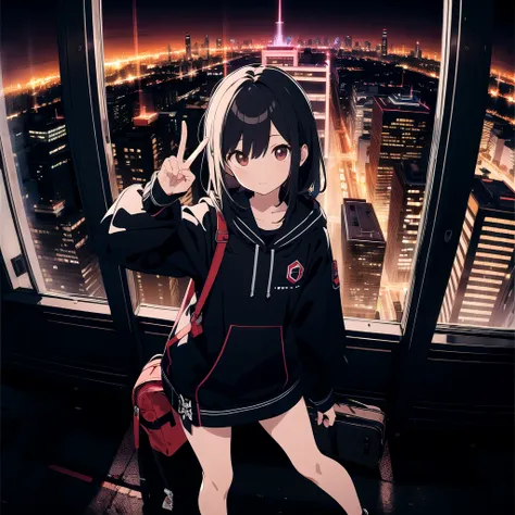 extremely detailed, detailed background, 1girl, solo, city, peace Sign,