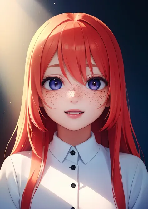 (high-quality, masterpiece:1.2, close portrait, 8k full HD, anime illustration) of a (little girl), (long hair, redhead, pretty face, cute smile, freckles), (half body, dynamic angle, most detailed illustration), (ecstasy of light and shadow, volumetric li...