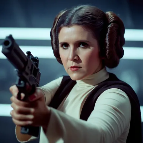 cinematic film still of  <lora:Leia Organa:1.2>
Leia Organa a closeup of woman holding a gun in her hand in star wars universe, shallow depth of field, vignette, highly detailed, high budget, bokeh, cinemascope, moody, epic, gorgeous, film grain, grainy