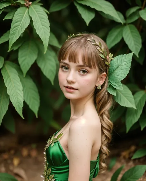 Tilt-shift photo of fairy in dress green leaf, ((realism)), extremely high quality RAW photograph, ultra detailed photograph, sharp focus, high resolution, (detailed skin:1,3),high quality, film grain, Fujifilm XT3,Highly Detailed, movie . Selective focus,...