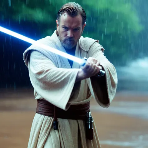 cinematic film still of  <lora:Obi-Wan Kenobi:1.2>
Obi-Wan Kenobi a wet man in a wet robe holding a light saber in the rain in star wars universe, shallow depth of field, vignette, highly detailed, high budget, bokeh, cinemascope, moody, epic, gorgeous, fi...