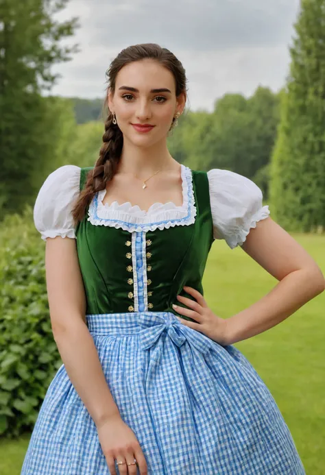 stunning medium shot photo of beautiful abby_shapiro wearing a bavarian dirndl, large breasts, jewelry, earrings, cinematic lighting, bokeh, <lora:abby_shapiro_20:0.85>