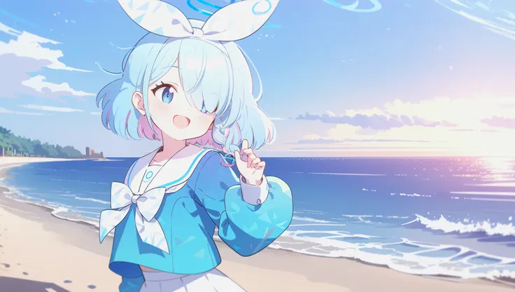 masterpiece best_quality <lora:aronaBlueArchive_v1:0.8> arona 1girl white_hairband bow_hairband halo short_hair single_braid arona_(blue_archive) solo blue_eyes blue_hair braid smile multicolored_hair ocean bow sailor_collar beach white_sailor_collar outdo...