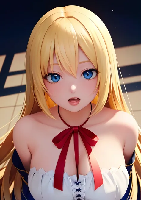 (high-quality, masterpiece:1.2, close portrait, 8k full HD, anime illustration) of a girl, (long hair, blonde hair, pretty face, big breasts, neckline, bare shoulders, ribbon on the neck), (dynamic angle, most detailed illustration), (ecstasy of light and ...