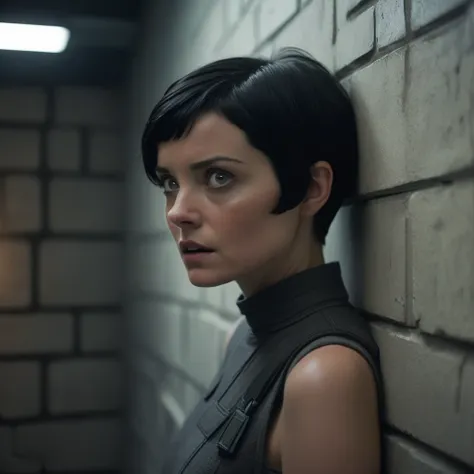 cinematic shot of a woman with short black hair is peeking from a wall, droid on shoulder, science fiction
cinematic lighting, tension