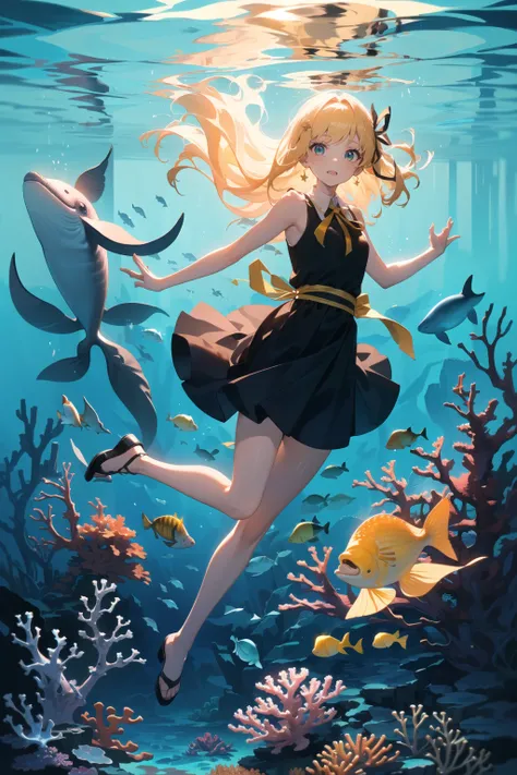 (best quality, masterpiece:1.1),   full body,  looking at viewer, staring,   (1female), aroused face, golden hair, medium hair, wavy hair,        sleeveless dress, sleeveless, ribbon, ( water blob, few coral reef, fishes, jerryfish, whale, seaweeds),