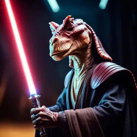 cinematic film still of  <lora:darth jar jar binks:1.2>
darth jar jar binks a creature in a star wars costume holding a light saber in star wars universe, shallow depth of field, vignette, highly detailed, high budget, bokeh, cinemascope, moody, epic, gorg...