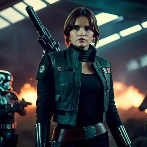 cinematic film still of  <lora:Jyn Erso:1.2>
Jyn Erso a woman in a black jacket holding a gun in star wars universe, shallow depth of field, vignette, highly detailed, high budget, bokeh, cinemascope, moody, epic, gorgeous, film grain, grainy