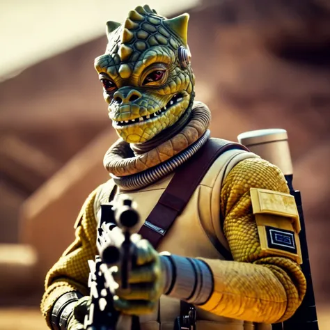 cinematic film still of <lora:Bossk:1.2>
Bossk a reptilian cartoon character with a gun and a helmet in star wars universe, shallow depth of field, vignette, highly detailed, high budget, bokeh, cinemascope, moody, epic, gorgeous, film grain, grainy
