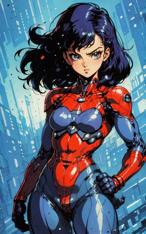 a superhero girl, cute, flat chest, <lora:Retro_Anime-000006:.7> retro anime, textured