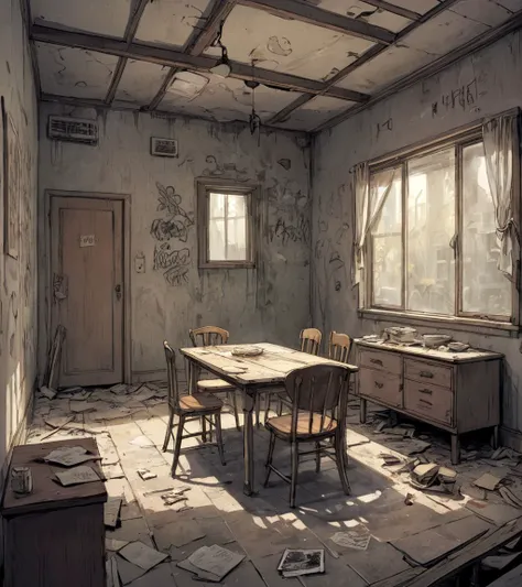 graphic novel illustration of a dilapidated building with graffiti on its walls, giving it a rundown appearance. Inside the building, there is a chair and a dining table, which seem to be the only furniture present. The room appears to be a combination of ...