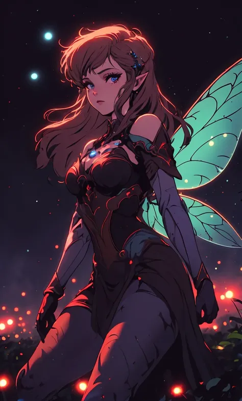 close on a fairy  <lora:Retro_Anime-000002:.7> , at night ,  cinematic lighting, David Park, lights,  facing the viewer