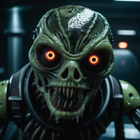 portrait of an evil organic creepy slimy [robot|alien], scary, nightmare fuel, indoors, spaceship interior, dark, evil eyes, drool, wet skin, slime, goo
shot with a panavision arriflex imax lense, depth of field, cinematic lighting