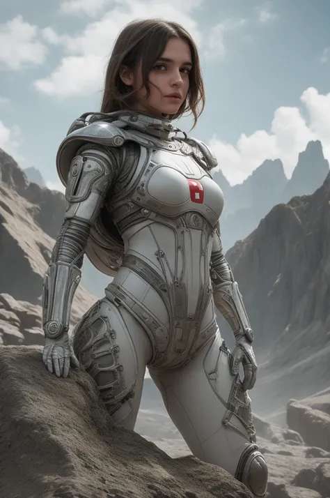 Photo of a Swiss social worker girl in the surreal planet raphael lacoste, tight soft light suit, detailed background, complex background, blurry, satellite from space,