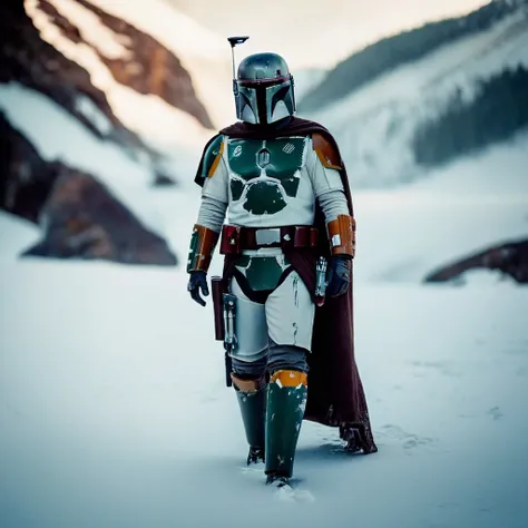 cinematic film still of  <lora:Mandalorian style:1.2>
in star wars universe a man dressed in a boba fett costume standing in the snow Mandalorian style, shallow depth of field, vignette, highly detailed, high budget, bokeh, cinemascope, moody, epic, gorgeo...