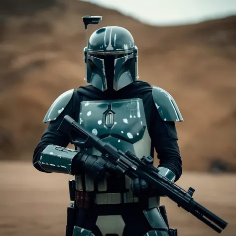 cinematic film still of  <lora:Mandalorian style:1.2>
in star wars universe a man in a tactical military helmet modern warfare and uniform holding a rifle Mandalorian style, shallow depth of field, vignette, highly detailed, high budget, bokeh, cinemascope...