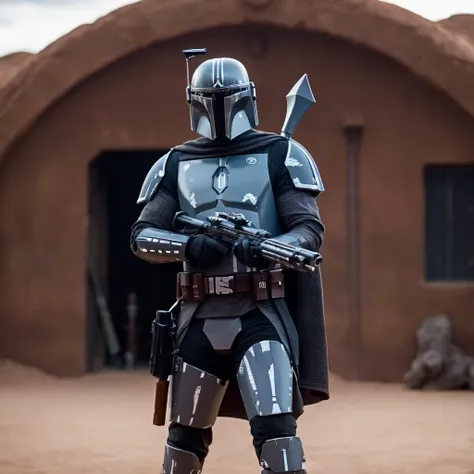 cinematic film still of  <lora:Mandalorian style:1.2>
in star wars universe a man in a star wars rusty grey costume holding a gun Mandalorian style, shallow depth of field, vignette, highly detailed, high budget, bokeh, cinemascope, moody, epic, gorgeous, ...