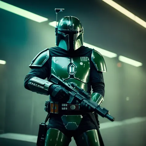 cinematic film still of  <lora:Mandalorian style:1.2>
in star wars universe a man in a black green armor suit holding a gun Mandalorian style, shallow depth of field, vignette, highly detailed, high budget, bokeh, cinemascope, moody, epic, gorgeous, film g...