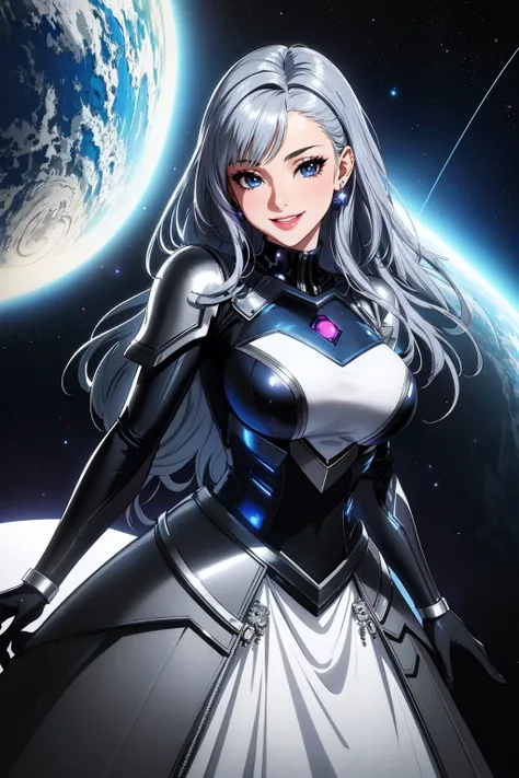 ((Masterpiece, best quality,edgQuality)),smiling,excited,(in space)
ballgown,edgSciFi, a woman in a silver dress posing for a picture ,wearing edgSciFi space suit
 <lora:edgSpaceGowns:1>