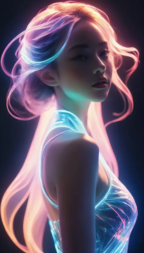 translucent luminous body,glow,bailing_model,1girl,pale skin,neon noir,long exposure,motion blur,1girl,(Glowing ambiance, enchanting radiance, luminous lighting, ethereal atmosphere, mesmerizing glow, evocative hues, captivating coloration, dramatic lighti...