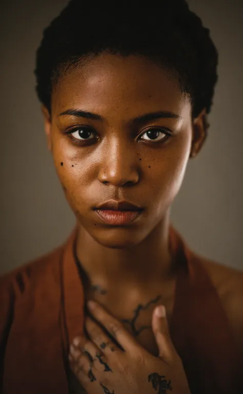 portrait of a young african woman in a monk's robe,intense eyes,battle scars,tattoos,weapons,angry,looking into camera,high cont...