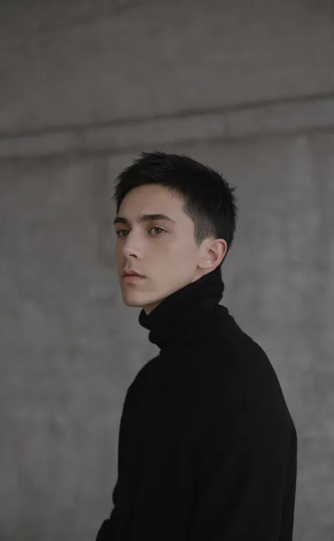 1boy,upper body,short raven-black hair,piercing grey eyes,indoors,concrete loft background,black turtleneck sweater,cool ambient...