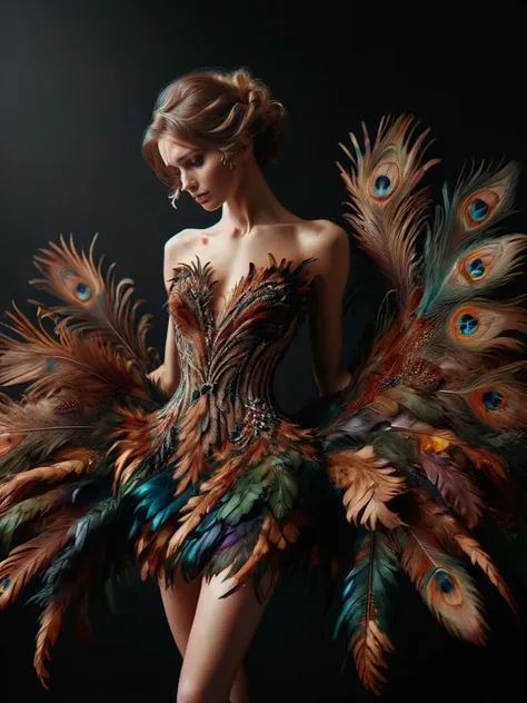 ral-feathercoat, a dress with a feather design on it <lora:ral-feathercoat-sdxl:1> black background, dim warm backlight, ring light
