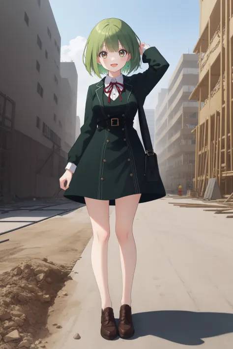 best quality, amazing intricate, cute girl, round eyes, medium breasts, 
:d, green hair, arms behind her head, on a construction site, 
looking at viewer, 
medium hair, bob cut, 
, 
(front braid:1.1), 
(grabbing anothers hair:1.2), 
, 
, 
, 
from front, 
f...