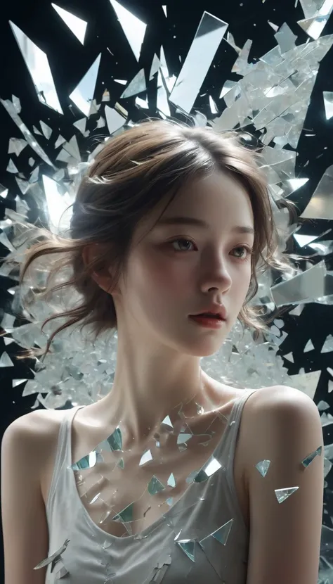 Girl growing up by glass,the mirror shattered into pieces of glass,Glass shattered into large chunks,Shards of glass floating haphazardly in the air,global illumination,Large shards of glass reflecting the face of a young girl,The portrait is divided into ...