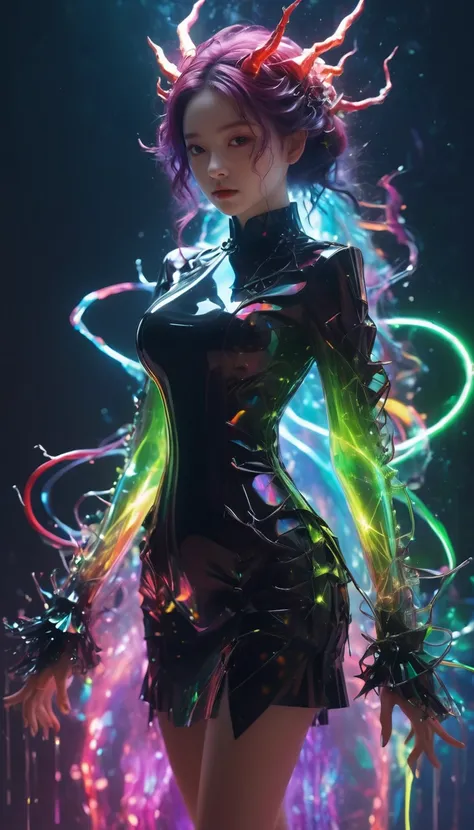 frilly hairstyle,latex dress,torso,body,8k,ultra-detailed,highres,rainbow skin,shattered glass effect,(best quality, masterpiece:1.2),(deformed neon light:1.3),soft particles of fractal fire,volumetric lighting,(masterpiece, best quality),1girl,intricate d...