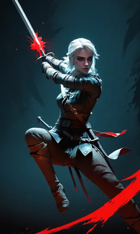 masterpiece, best quality, ultra high res, 1girl, ciri_w3 swinging her sword, (abstract art:1.4), bleeding black, shadow theme, visually stunning, beautiful, evocative, emotional, side view, <lora:wowifierXL:0.5>, <lora:ciri_prodigy_21:0.85>